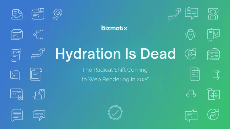 Futuristic illustration showing server-rendered UI streaming into a browser without a hydration layer